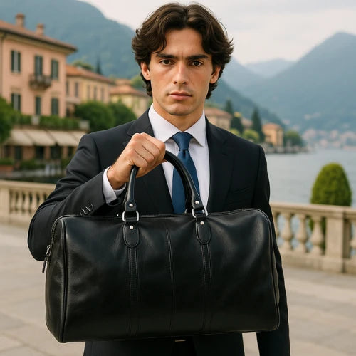 Black Italian Leather Men's Duffel Bag