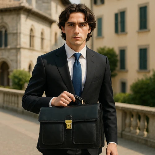 Black Buffered Italian Leather Briefcase With Front Pockets