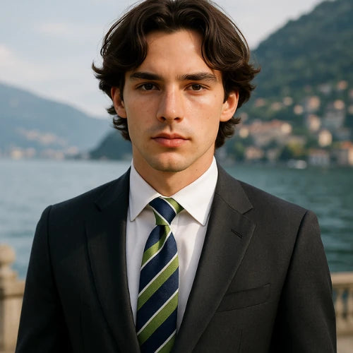 Blue Green Striped 70-30 Italian Silk and Cotton Tie