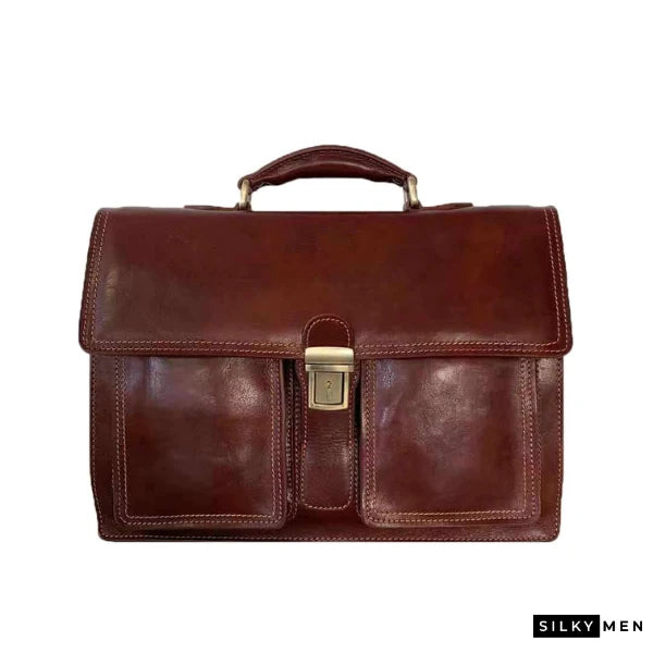 Brown Buffered Italian Leather Briefcase With Front Pockets