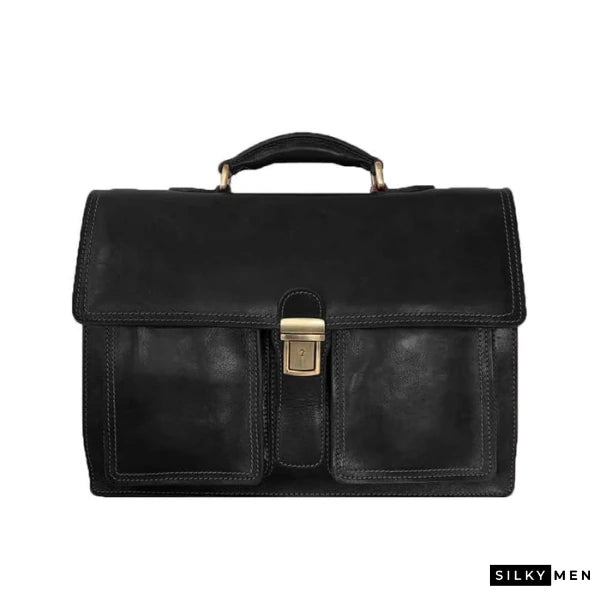 Black Buffered Italian Leather Briefcase With Front Pockets