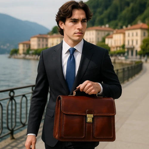 Brown Buffered Italian Leather Briefcase With Front Pockets