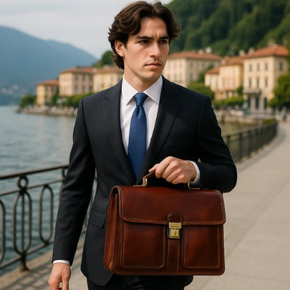 Brown Buffered Italian Leather Briefcase With Front Pockets