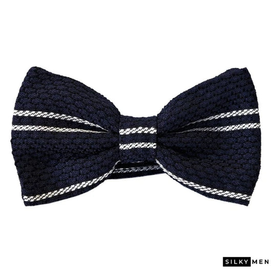 Navy White Stripe Self Tie Italian Silk Bow Tie