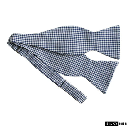 Navy White Tartan Self Tie Italian Silk Bow Tie